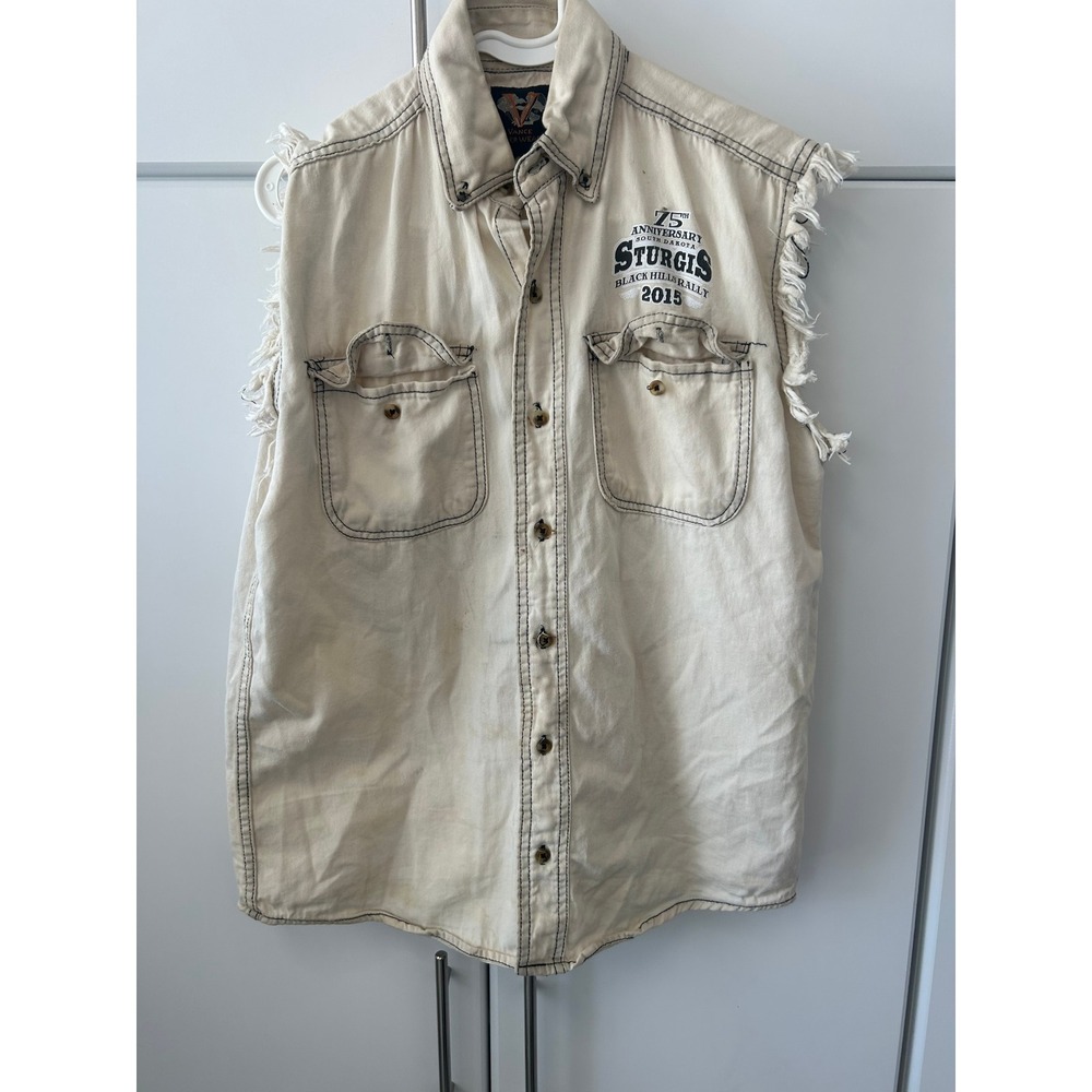Vance Biker Wear Sturgis 75th Anniversary 2015 Sleeveless Denim Shirt Vest Cream
